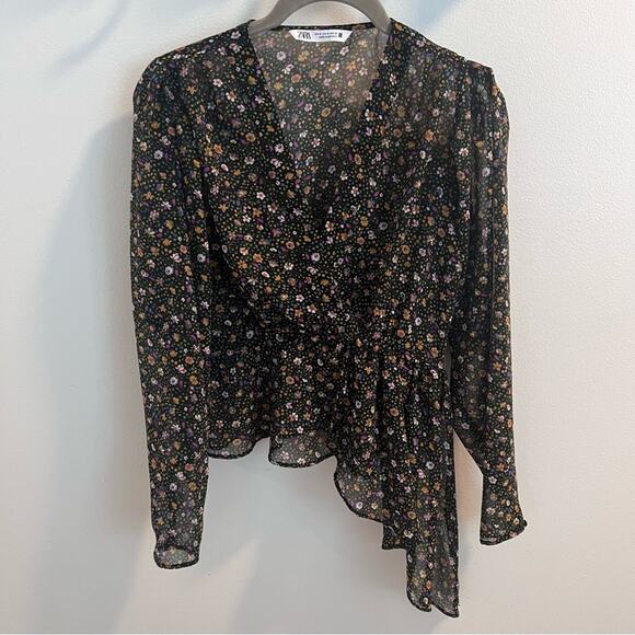 Zara Sheer Black Floral Blouse Size M - Picture 1 of 9
